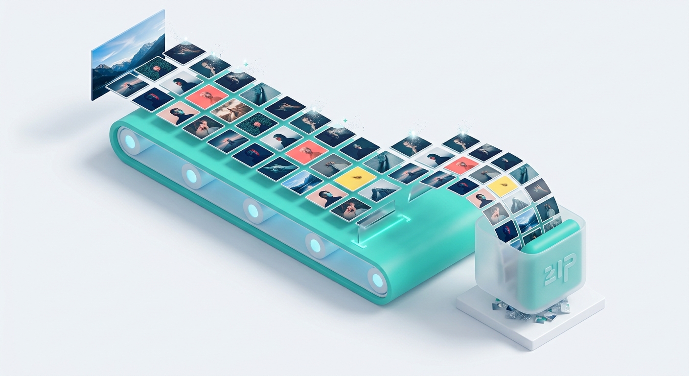 A grid of image thumbnails flowing along a conveyor into a single ZIP package as each one loses its corner watermark