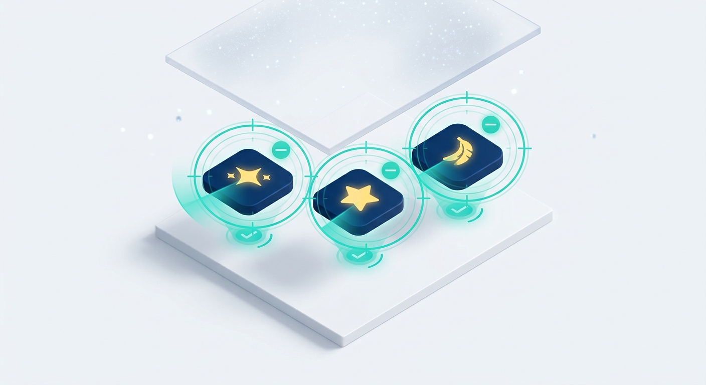 A scanning reticle detecting three watermark types — a sparkle, a star overlay, and a Nano Banana glyph — and validating each before removal