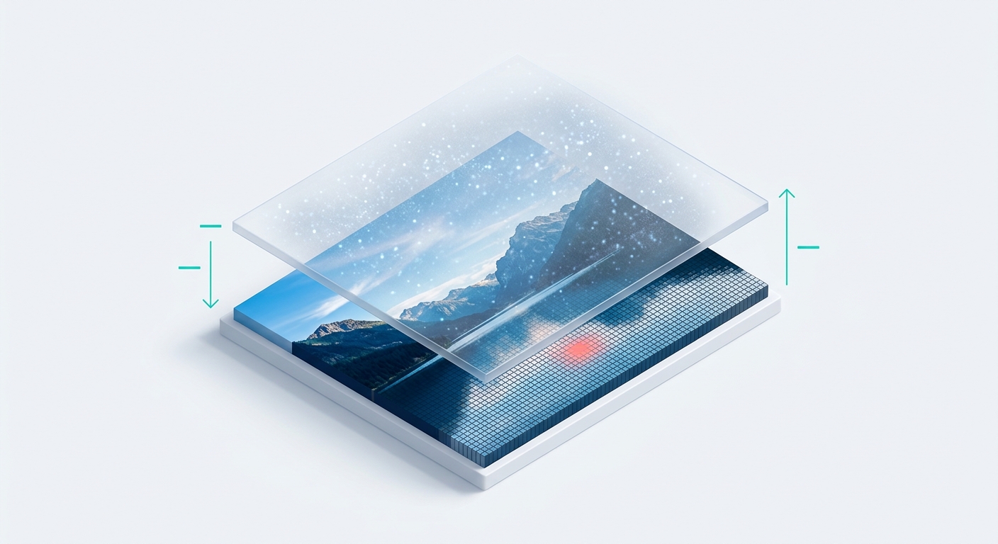 A photo separating into translucent layers as the semi-transparent watermark is mathematically subtracted, revealing the exact original pixels underneath