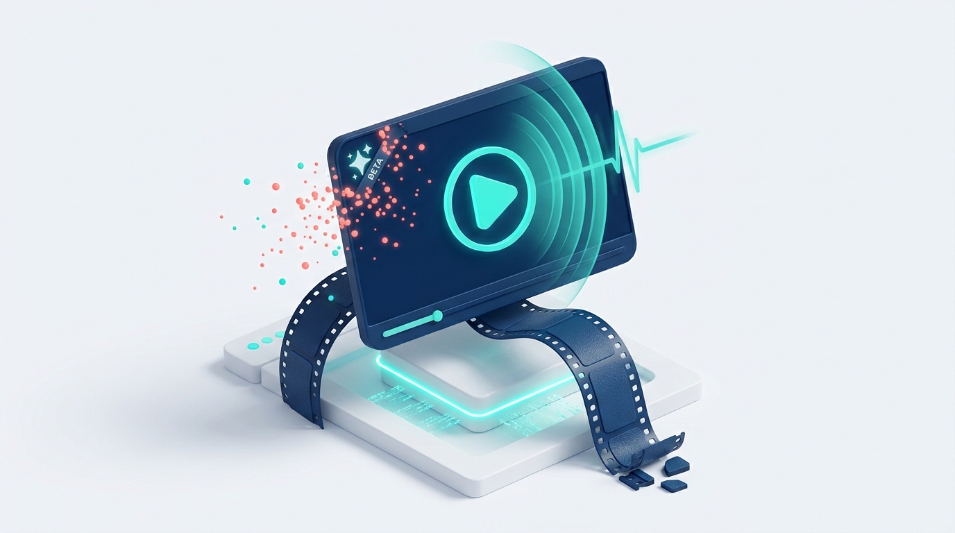 A video player and film strip with the corner watermark dissolving into particles as a cleanup sweep passes over the frame